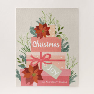 Puzzle Red Poinsettia Christma Joy nom de famille personn