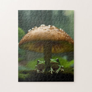 Puzzle Refuge par temps de pluie : Grenouilles s'abritant