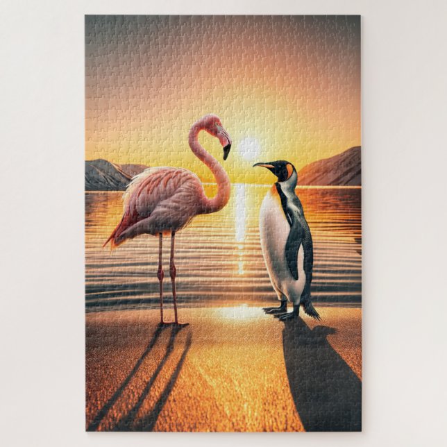 Puzzle Rencontre avec le coucher de soleil de Flamant ros (Vertical)
