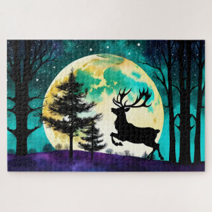 Puzzle Renne sautant Pleine lune sur le