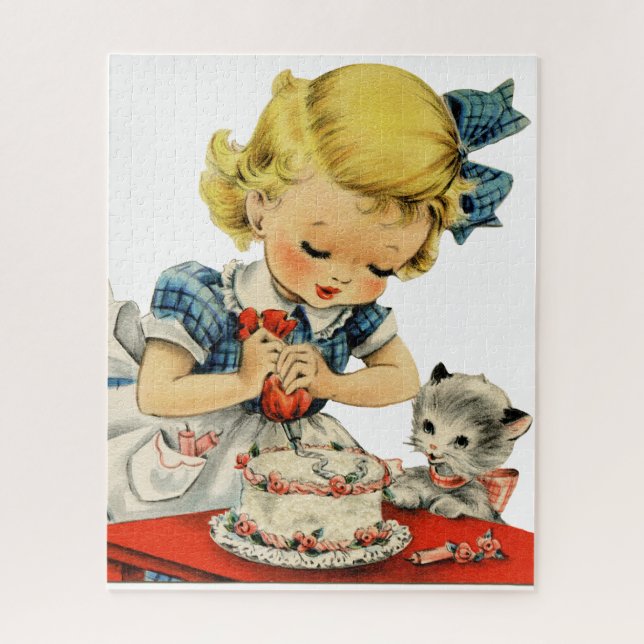 Puzzle Rétro Anniversaire Fille Cake Cat Artwork (Vertical)
