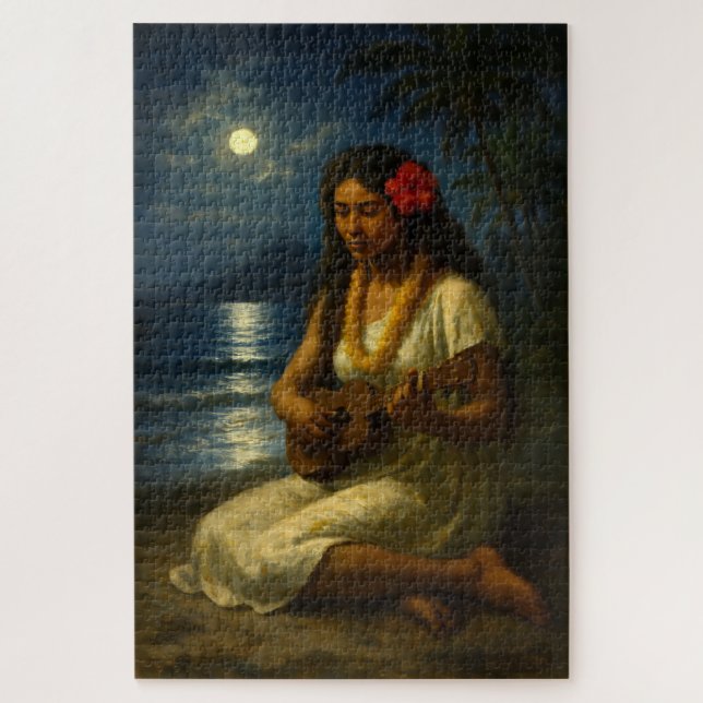 Puzzle Retro Hawaiian Girl & Ukulele On A Moonlit Beach (Vertical)