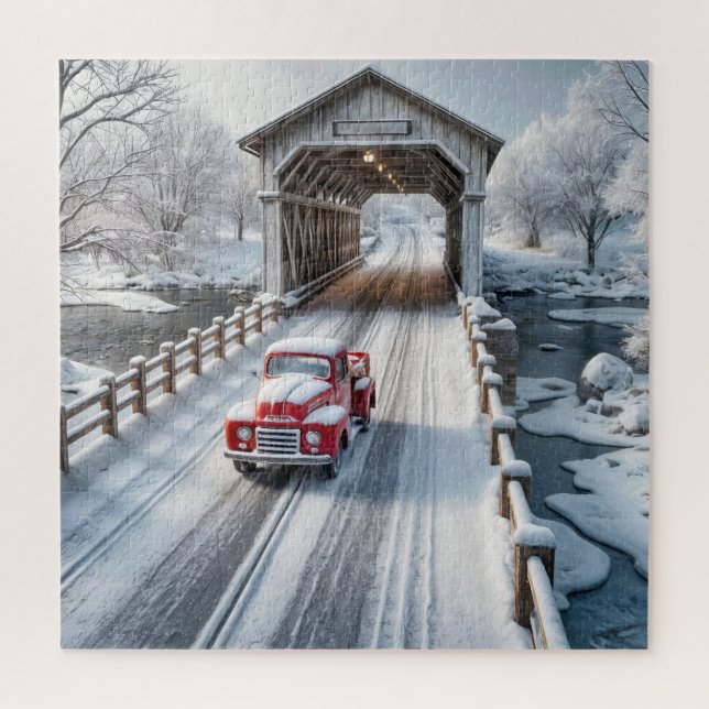 Puzzle Retro Truck and Winter Covered Bridge (Vertical)