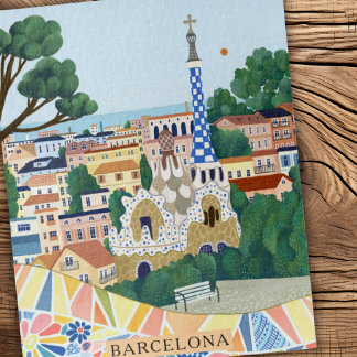 Puzzle Retro Watercolor Barcelona Spain Travel