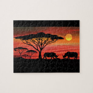 Puzzle Rhinocéros dans le coucher du soleil du Serengeti