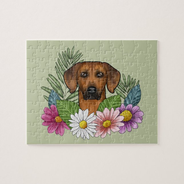 Puzzle Rhodesian Ridgeback Chien Tête Fleurs d'été Vert (Horizontal)