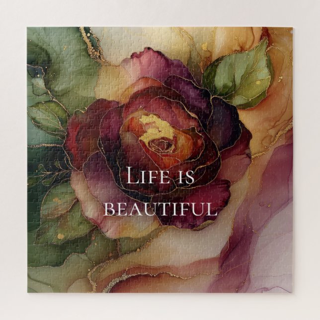 Puzzle Romantique Rouge Bourgogne Rose Or Floral (Vertical)