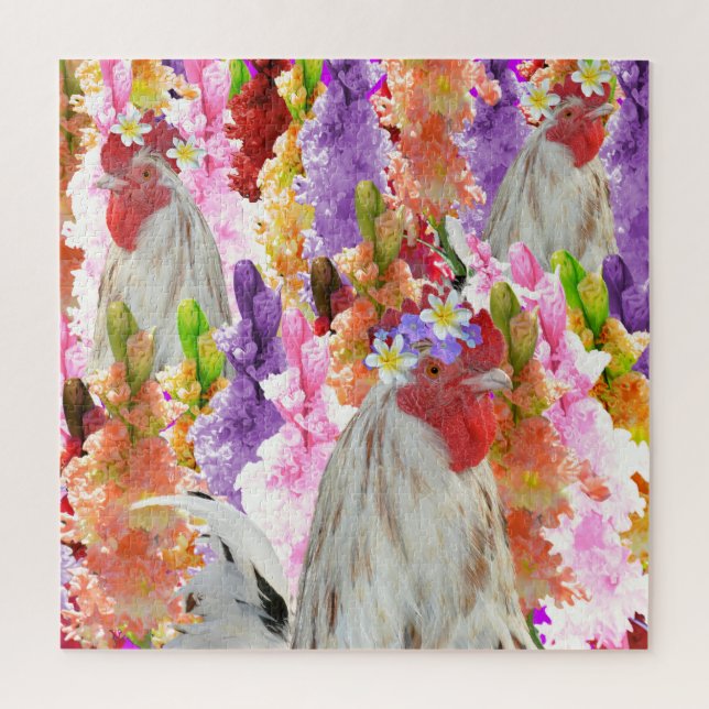 Puzzle Roosters et Hollyhock Flowers (Vertical)