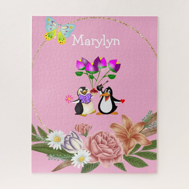 Puzzle Rosa Floral Monogramm Pinguin (Vertikal)