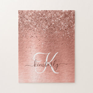 Puzzle Rose Gold Brushed Metal Glitter Monogram Name