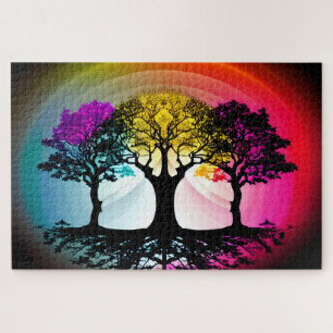 Puzzle Rose jaune et violet sur les silhouettes d'arbre n