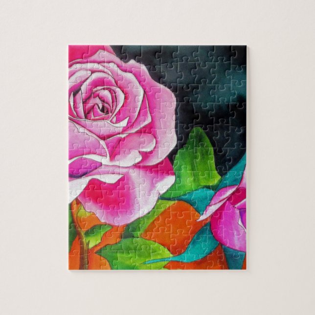 Puzzle Rose rose avec art aquarelle orange (Vertical)