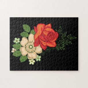 Puzzle Rose rouge et marguerites sur fond noir