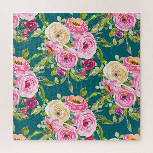 Puzzle Roses d'aquarelle en rose et crème sur Turquoise (Vertical)