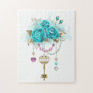 Puzzle Roses turquoise avec touches