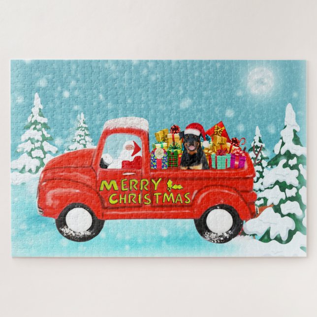Puzzle Rottweiler Chien Noël Père Noël Livraison Camion (Horizontal)