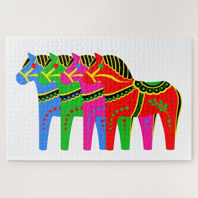 Puzzle Rouge/bleu/rose/vert Nordic Folk Dala cheval (Horizontal)