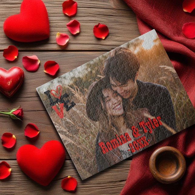 Puzzle Rouge et noir LOVE Design avec photo, noms et date (Happy Valentine's Day Love custom Photo and Names Jigsaw Puzzle)