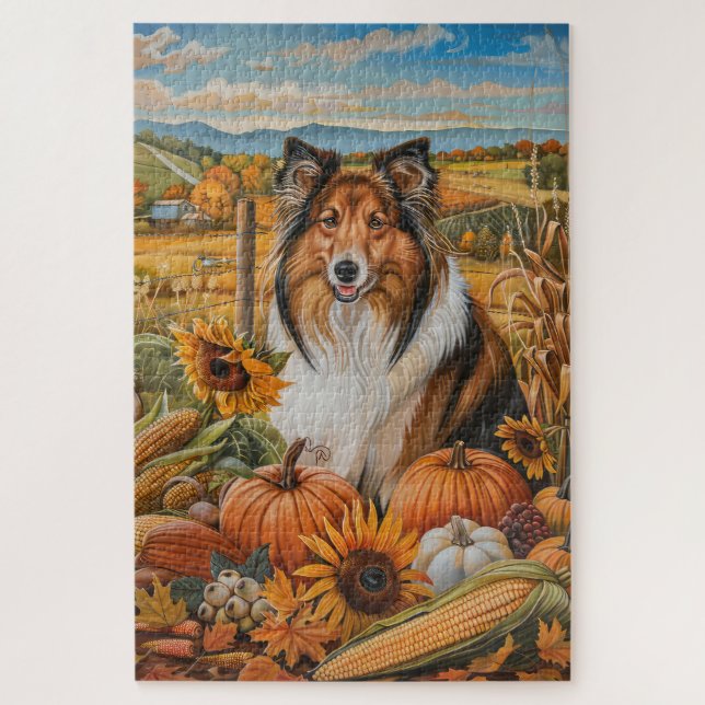 Puzzle Rough Collie Chien Automne Moisson Thankesgiving (Vertical)