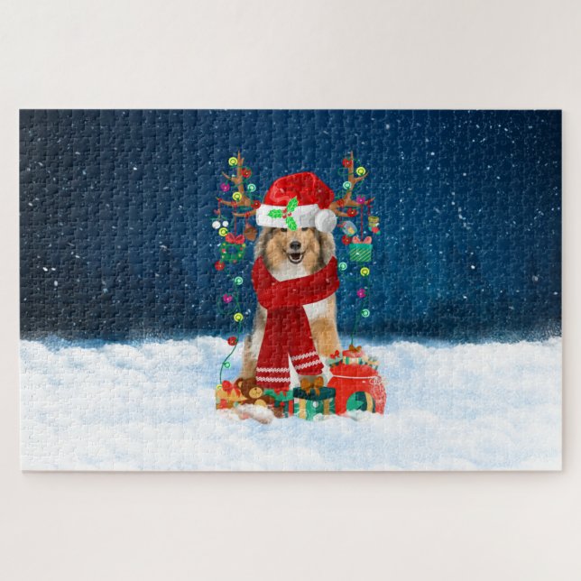 Puzzle Rough Collie chien avec cadeaux de Noël (Horizontal)