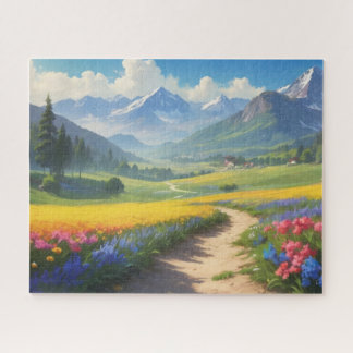 Puzzle route menant au village avec des montagnes dans le