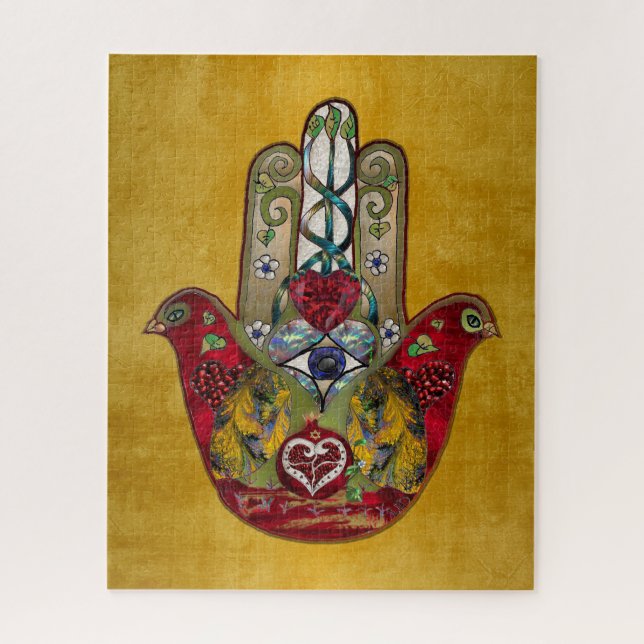 Puzzle Ruby Pomegranate Heart Red Bird Hamsa (Vertical)