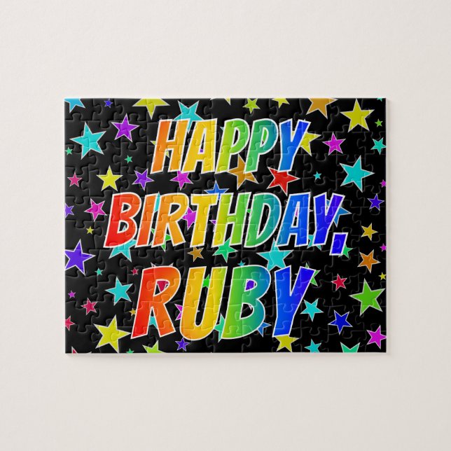 Puzzle "RUBY" Prénom, Amusant "HEUREUX ANNIVERSAIRE" (Horizontal)