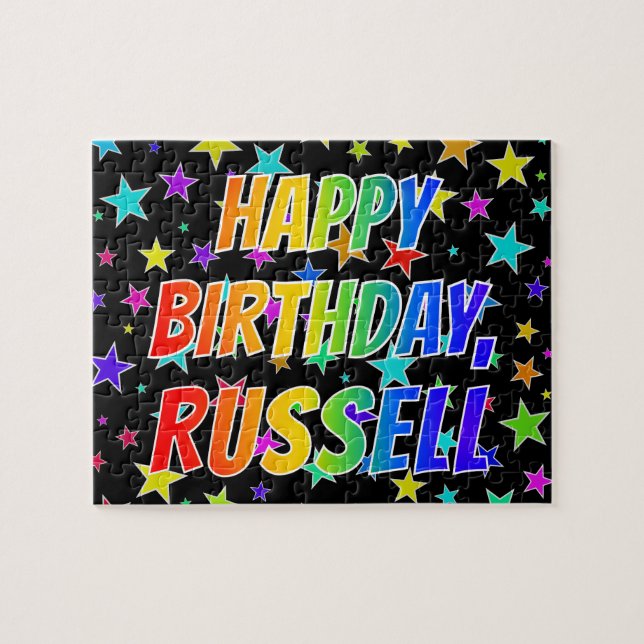 Puzzle "RUSSELL" Prénom, Amusant "HEUREUX ANNIVERSAIRE" (Horizontal)