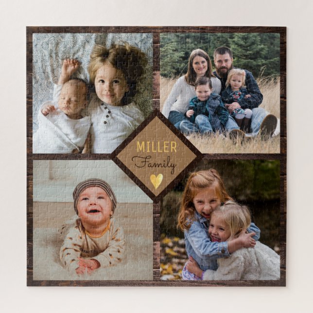 Puzzle Rustic 4 Photo Collage Nom de famille Wood (Vertical)