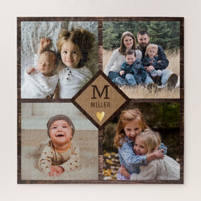 Puzzle Rustic Brown Wood 4 Family Photo Collage Monogramm (Vertical)