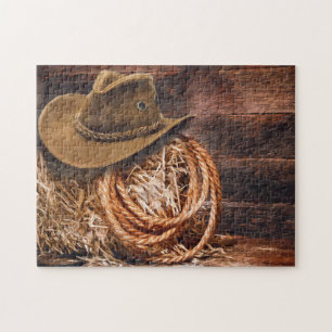 Puzzle Rustic Cowboy Hat Rope Hay Photo