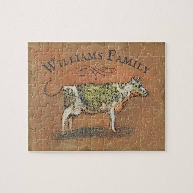 Puzzle Rustic Farmhouse Cow Monogramme Nom de famille (Horizontal)