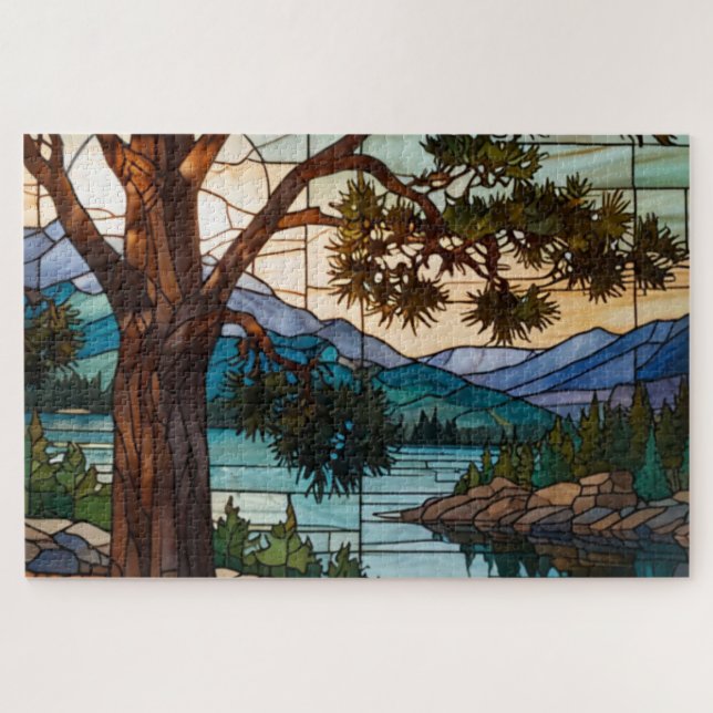 Puzzle Rustic mountain range landscape stain glass  (Horizontal)