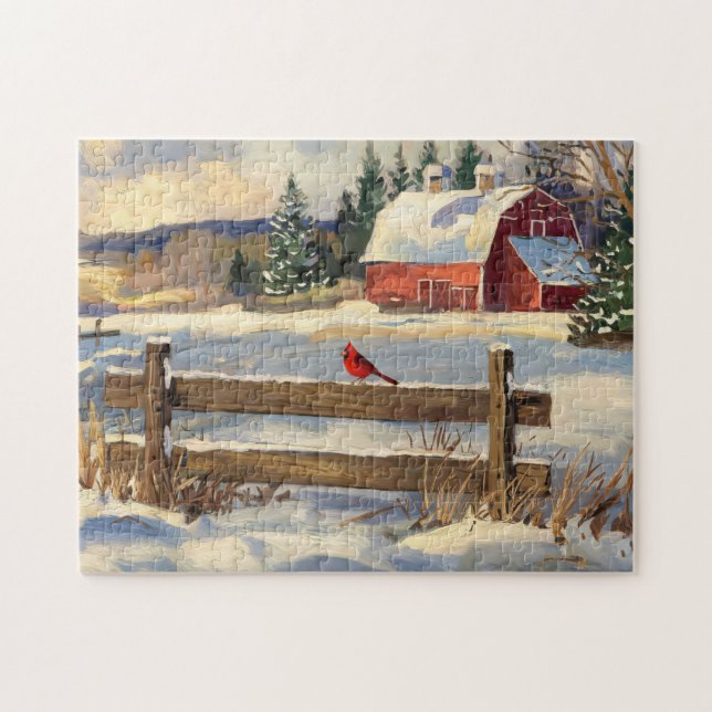 Puzzle Rustic Red Barn Cardinal Bird Farmhouse (Horizontal)