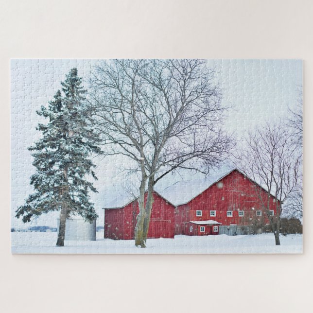 Puzzle Rustic Red Country Grange Winter Snow Farm Paysage (Horizontal)
