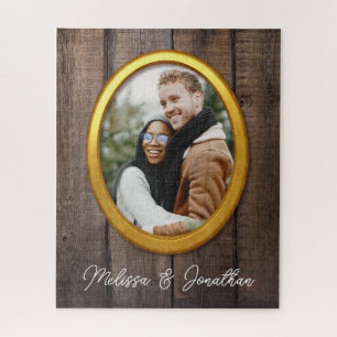 Puzzle Rustic Simple Wood Golden Frame Ajouter Mariage ph