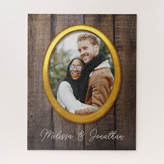 Puzzle Rustic Simple Wood Golden Frame Ajouter Mariage ph (Vertical)