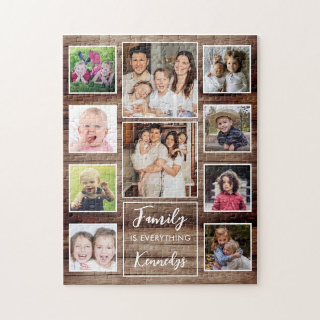 Puzzle Rustic Wood Family Citation Nom 10 Photo Collage (Vertical)