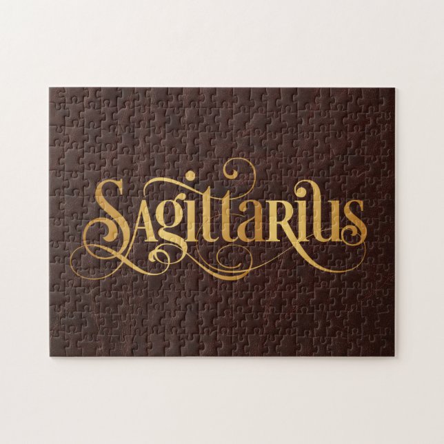 Puzzle Sagittarius Tourbillonnant Script Gold en cuir (Horizontal)