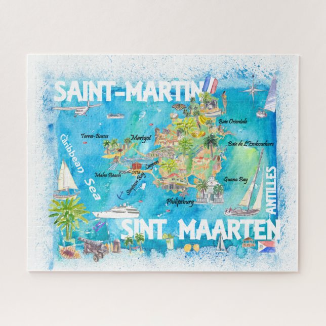 Puzzle Saint-Martin Sint Maarten Antilles Carte de voyage (Horizontal)