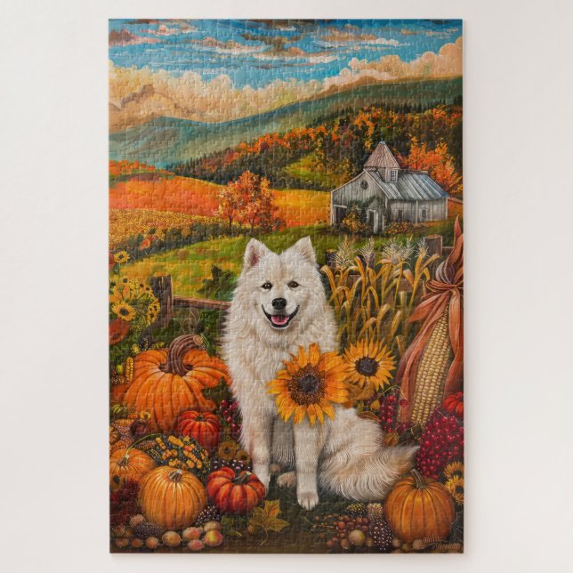 Puzzle Samoyé Chien Moisson Automne Thanksgiving (Vertical)