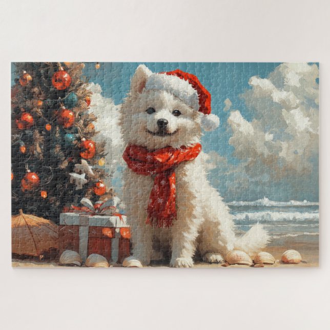 Puzzle Samoyed Dog Christmas Vintage Beach (Horizontal)
