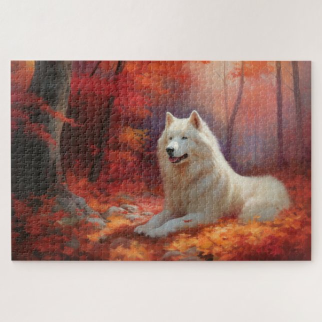 Puzzle Samoyède dans les feuilles d'automne tombées inspi (Horizontal)