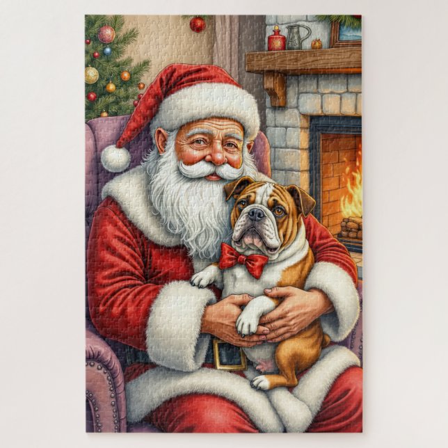 Puzzle Santa Claus Holding Bulldog Christmas Art (Vertical)