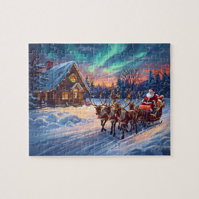 Puzzle Santa Reindeer Cabin Northern Lights Christmas (Horizontal)