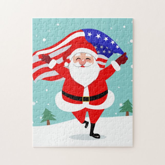 Puzzle Santa running with american flag (Vertical)