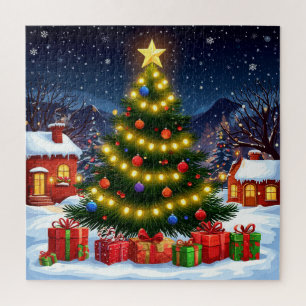 Puzzle Sapin de Noël lumineux dans un village enneigé la