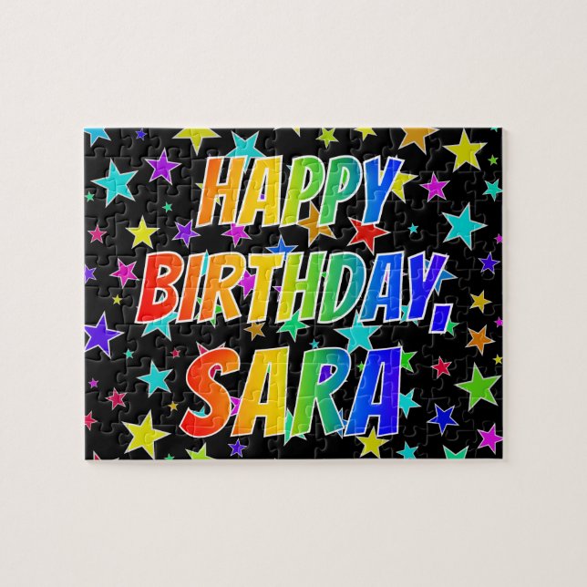 Puzzle "SARA" Prénom, Amusant "HEUREUX ANNIVERSAIRE" (Horizontal)