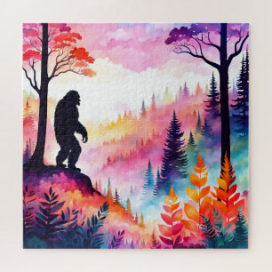 Puzzle Sasquatch coloré sur Ridge surplombant la forêt