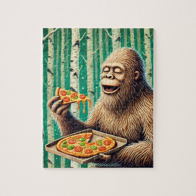 Puzzle Sasquatch et la pizza dans une forêt de bouleaux (Vertical)